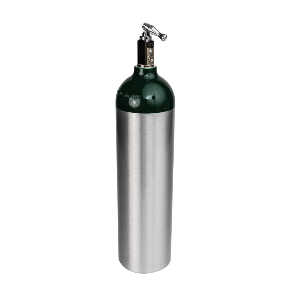 medical-grade Type D oxygen tank with green and silver finish