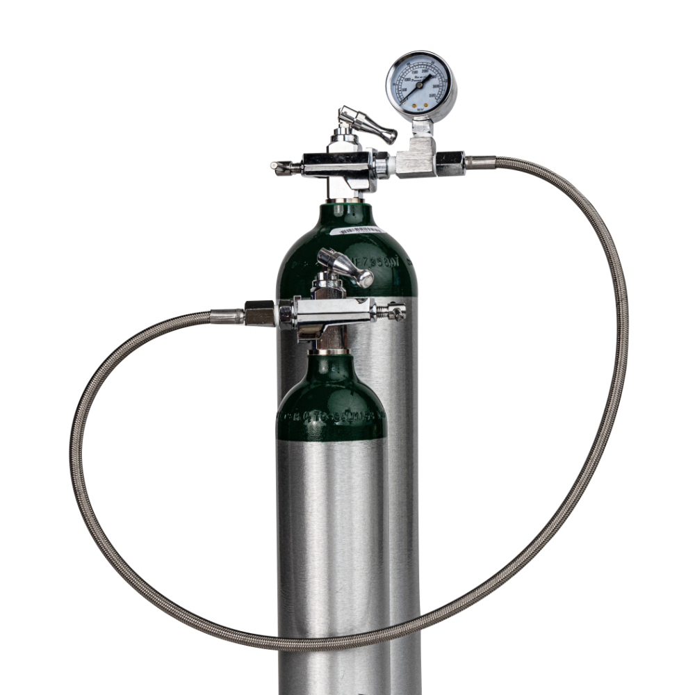 Transfill Hose connecting two oxygen tanks on a white background