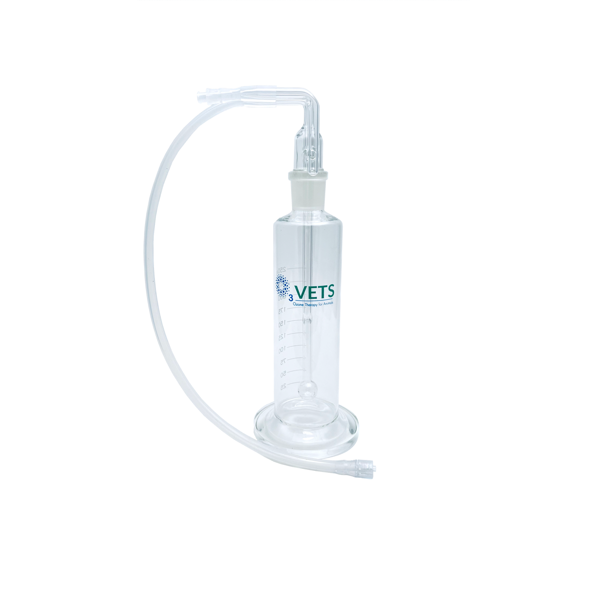 A veterinary ozone nebulizer system with a 250ml oil bubbler for respiratory therapy.