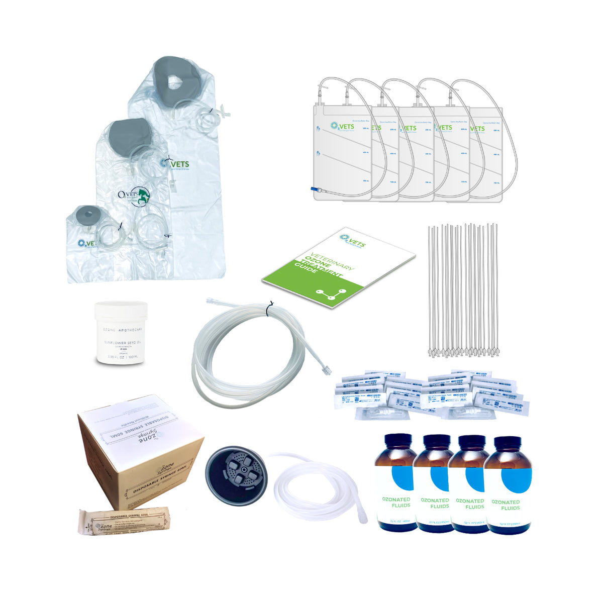 Collection of veterinary medical supplies including bags, tubes, and bottles on a white background