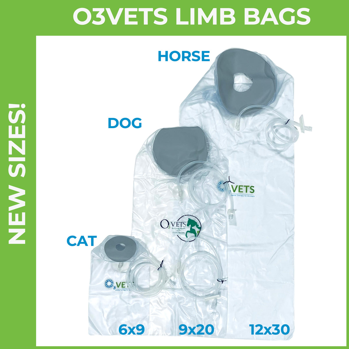 Limb bags, S, M, L with a green graphic and dimentions