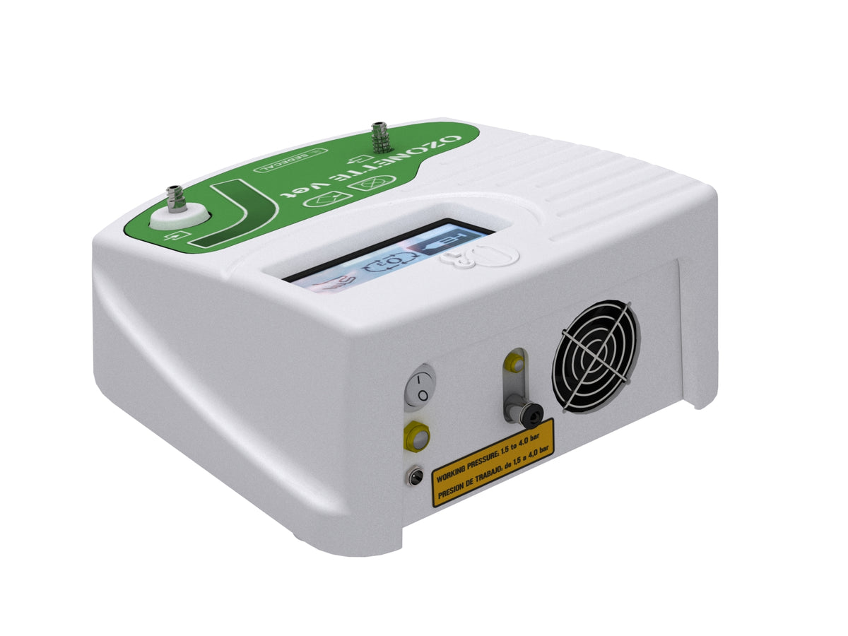 white Ozonette ozone generator with a digital display, green control panel, and several ports for oxygen regulation and power supply, rear view
