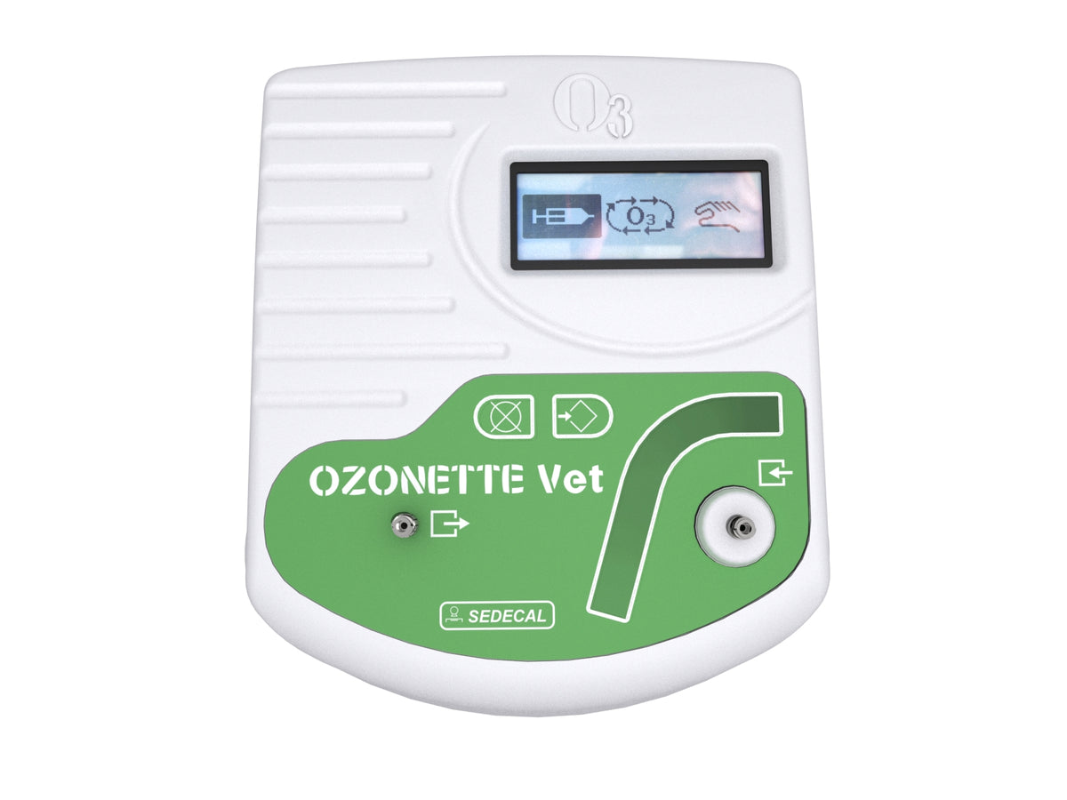 White Ozonette ozone generator featuring a digital display, green control panel, and multiple ports for oxygen regulation and power supply.