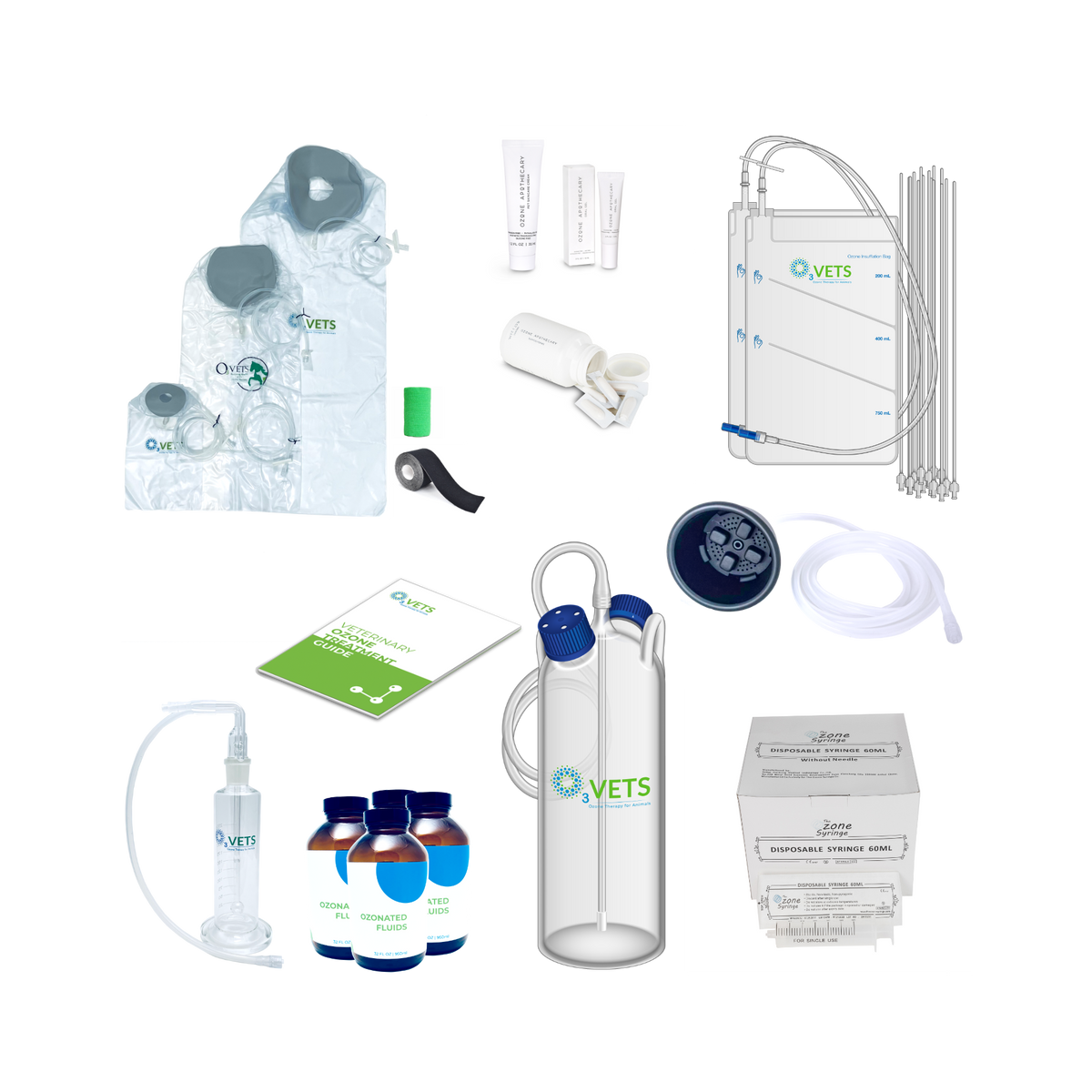 Collection of veterinary medical supplies including bags, tubes, and bottles on a white background