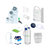 Collection of veterinary medical supplies including bags, tubes, and bottles on a white background