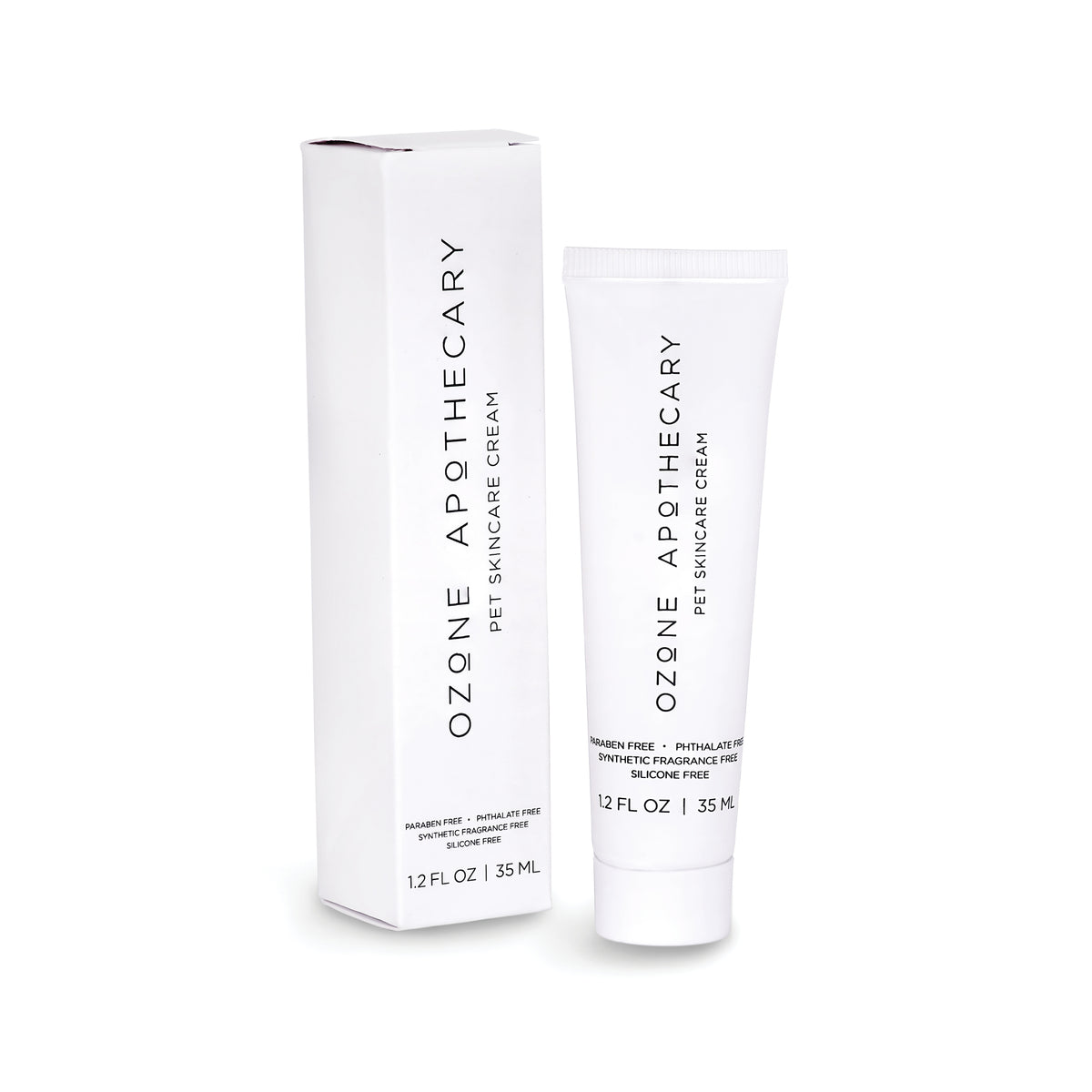 Ozone Pet Skincare Cream, white background, front view with packaging 