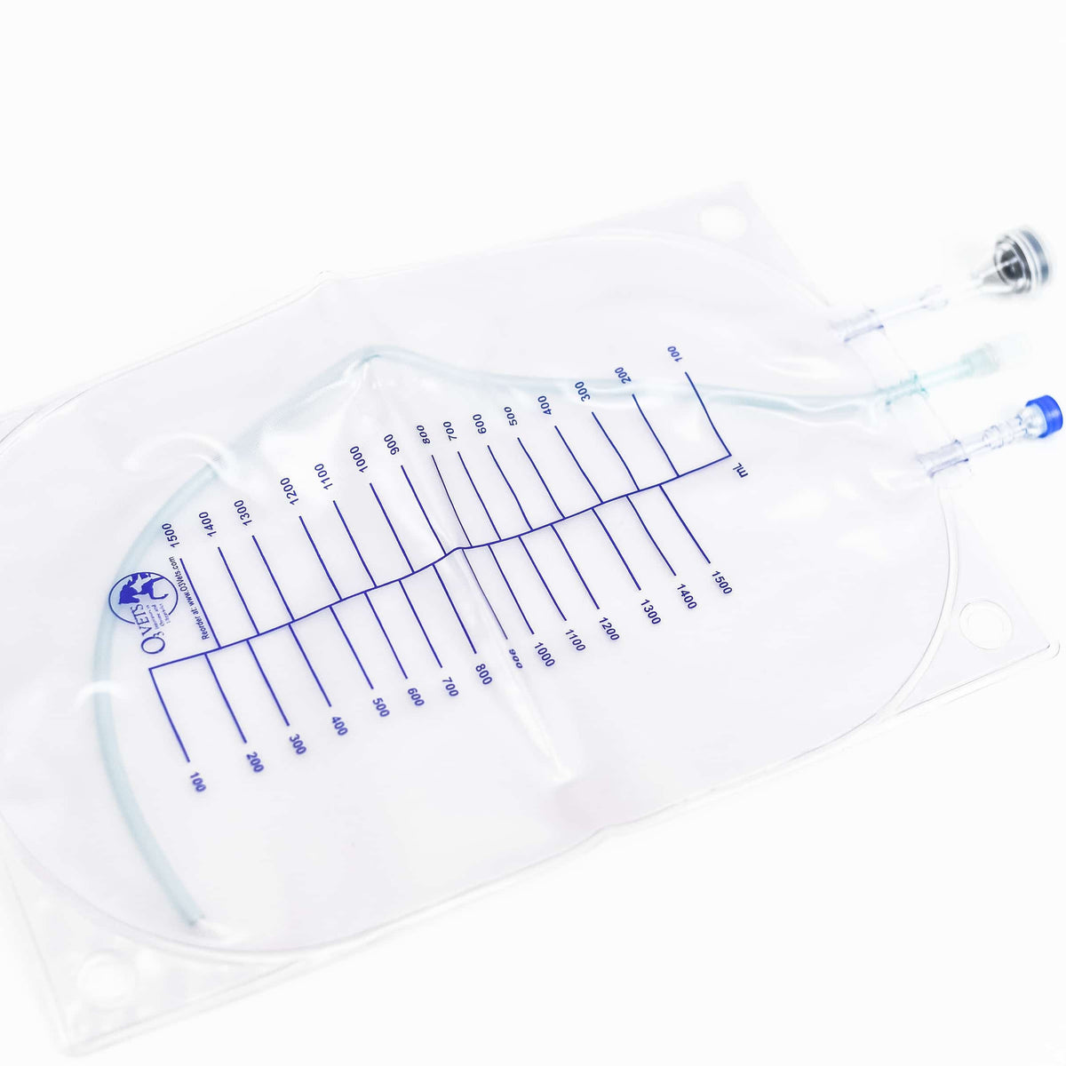 1500ml Blood Bag (1), top view with ml measurments and blue ports