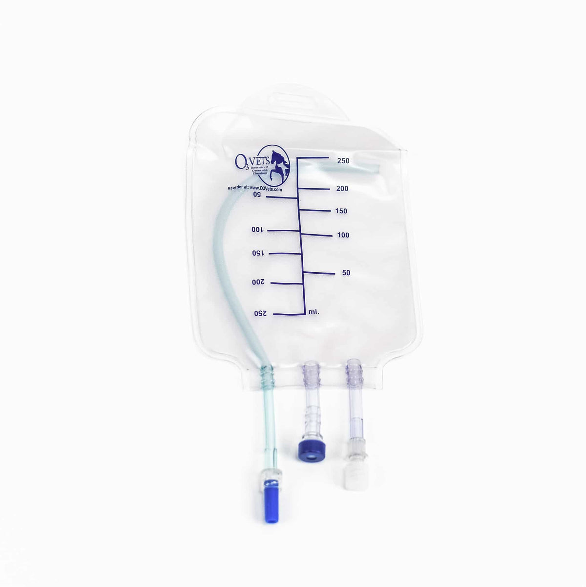 250ml blood bag (1), top view with blue ports and blue logo, white background