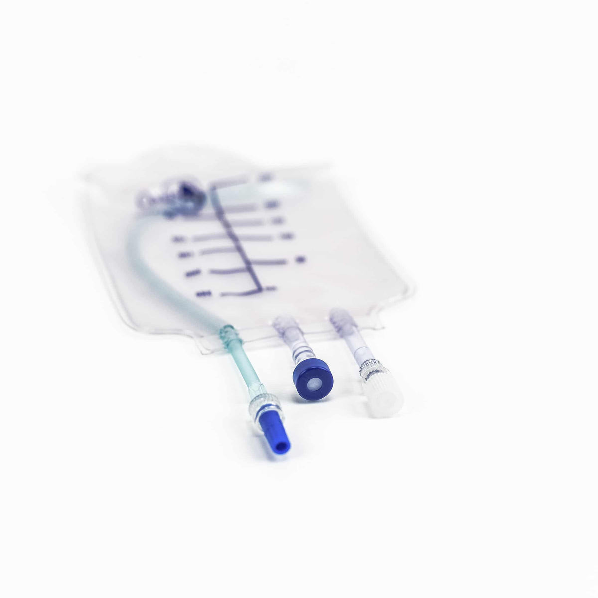 250ml blood bag (2), close up of ports on a white background