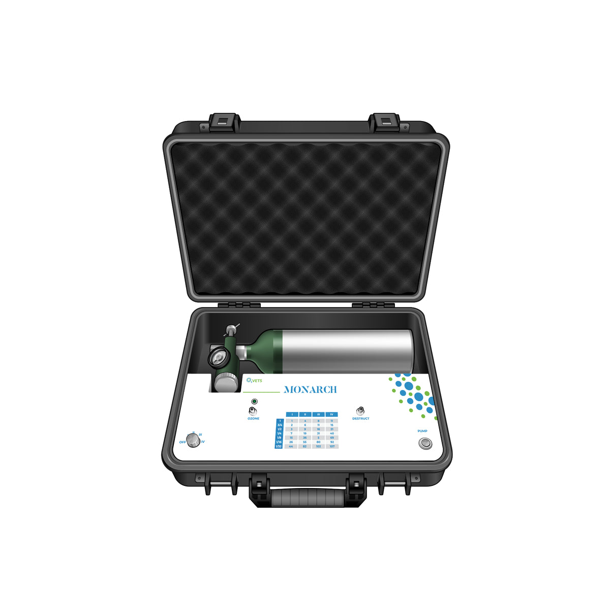 A Monarch Ozone Generator set within a black carry-case, displaying the generator, an oxygen tank, and other accessories.