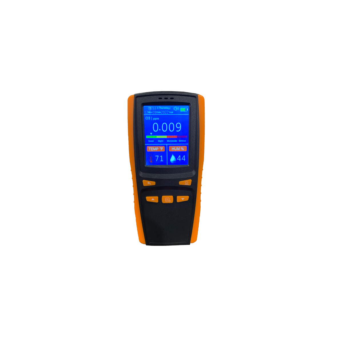 An ozone monitor with an orange and black casing, featuring a digital screen.