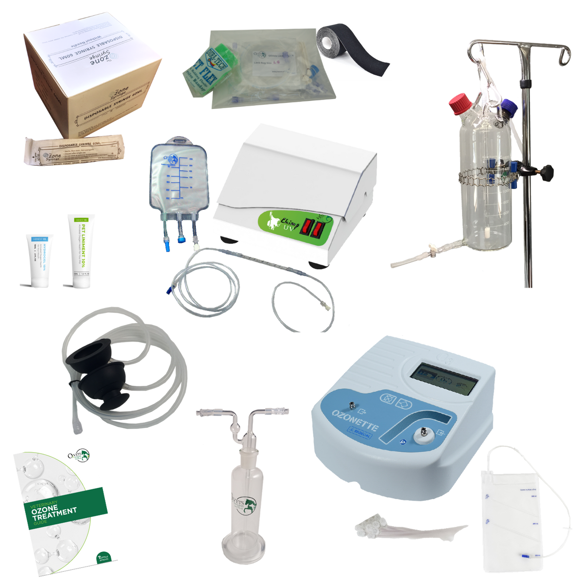 Collection of veterinary medical supplies including bags, tubes, and bottles on a white background