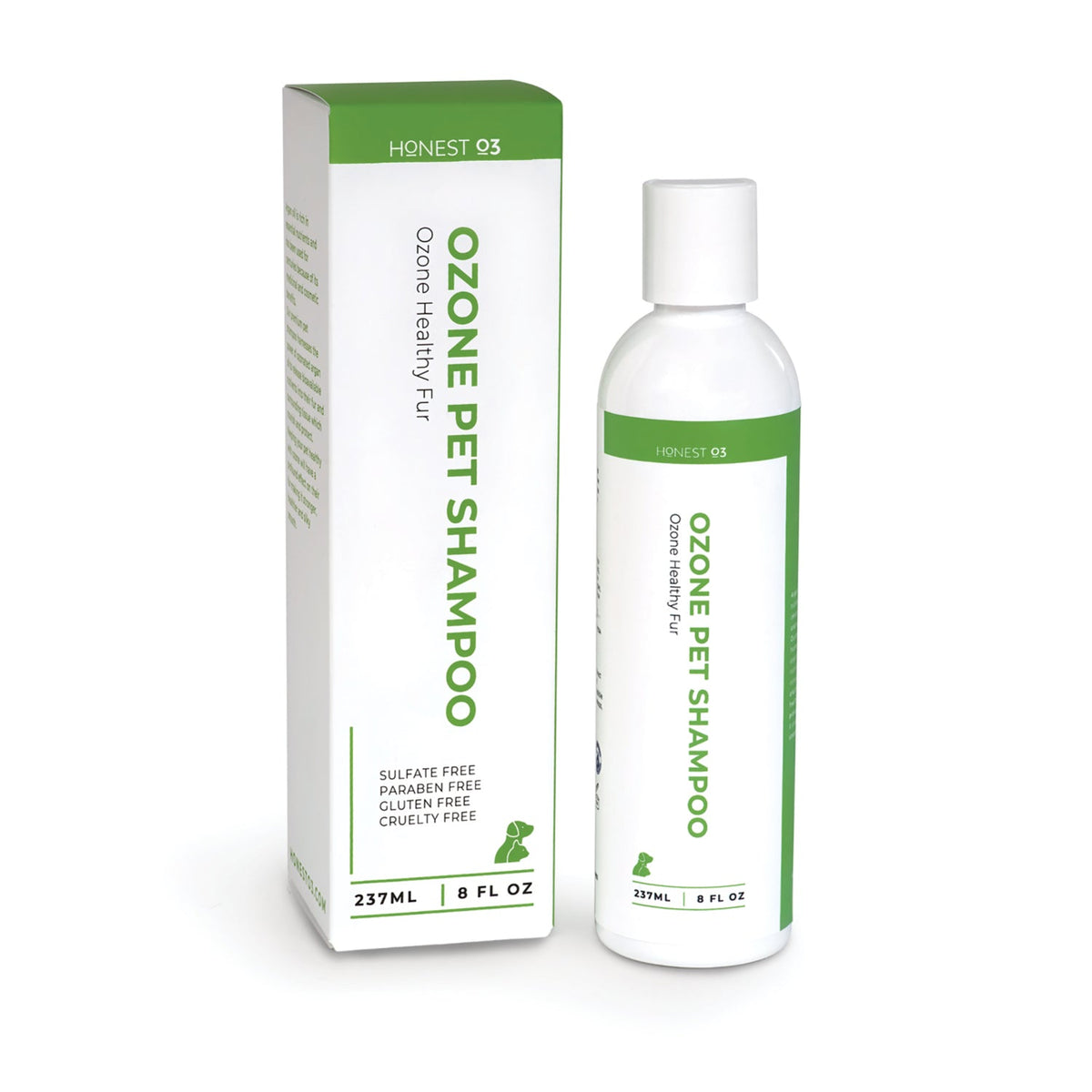 Pet shampoo and an Honest O3 box (green and white) on a white background.