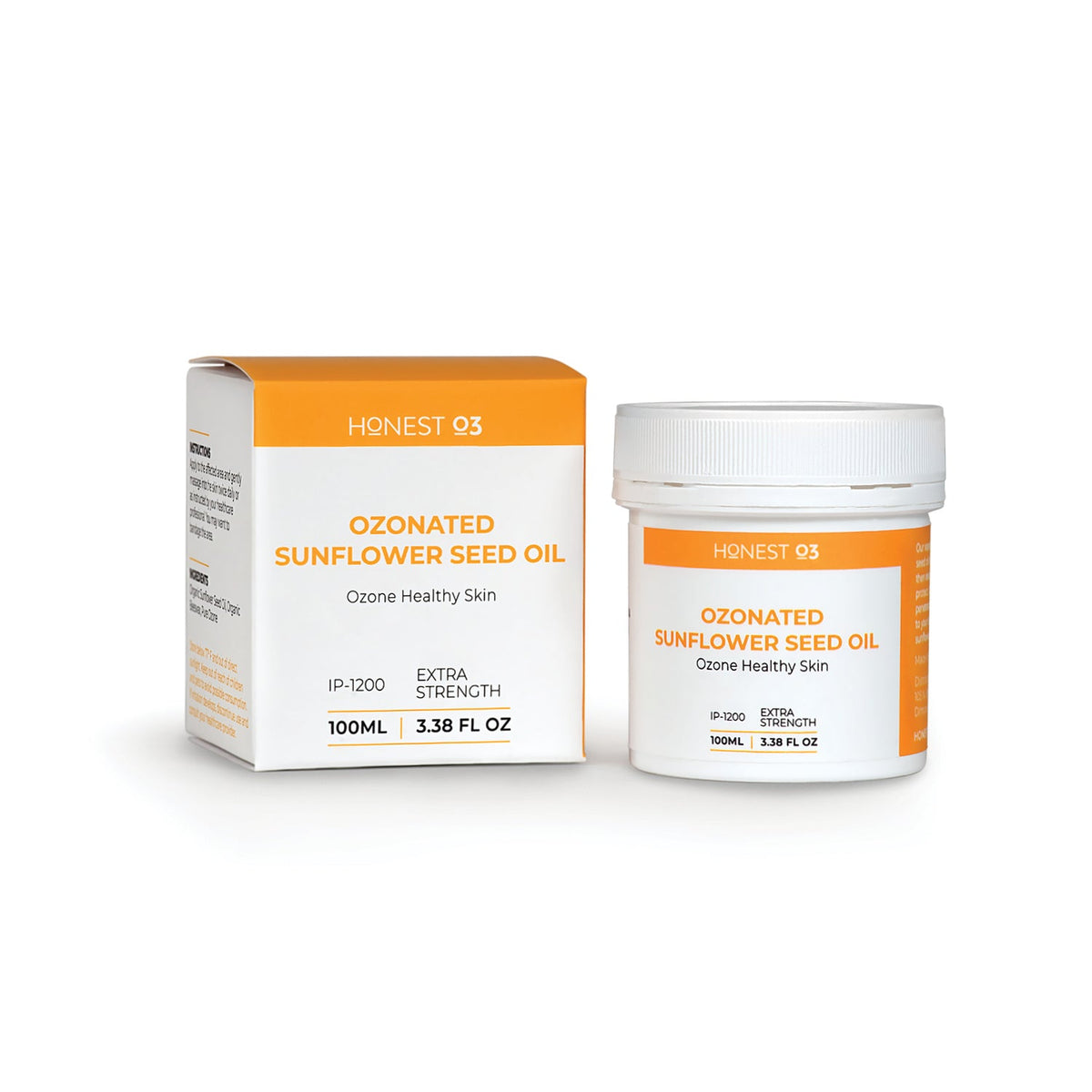 Ozonated sunflower seed oil next to a yellow Honest O3 box